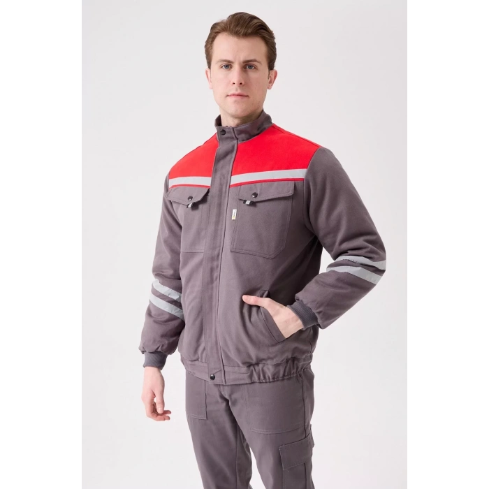 Kışlık İş Montu GriKırmızı Reflektörlü Gabardin Royal Mont İçi Kapitoneli Sıcak Tutan