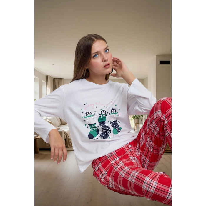 Kışlık Penguen Desenli %100 Pamuk Pijama Takımı Rahat ve Sıcak Profesyonel Görünüm Konforlu Kesim