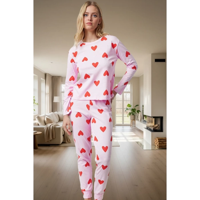 Kışlık Rahatlık 2li Kalpli Örme Pijama Takımı %100 Pamuk Mükemmel Uyum Özenle Seçilmiş