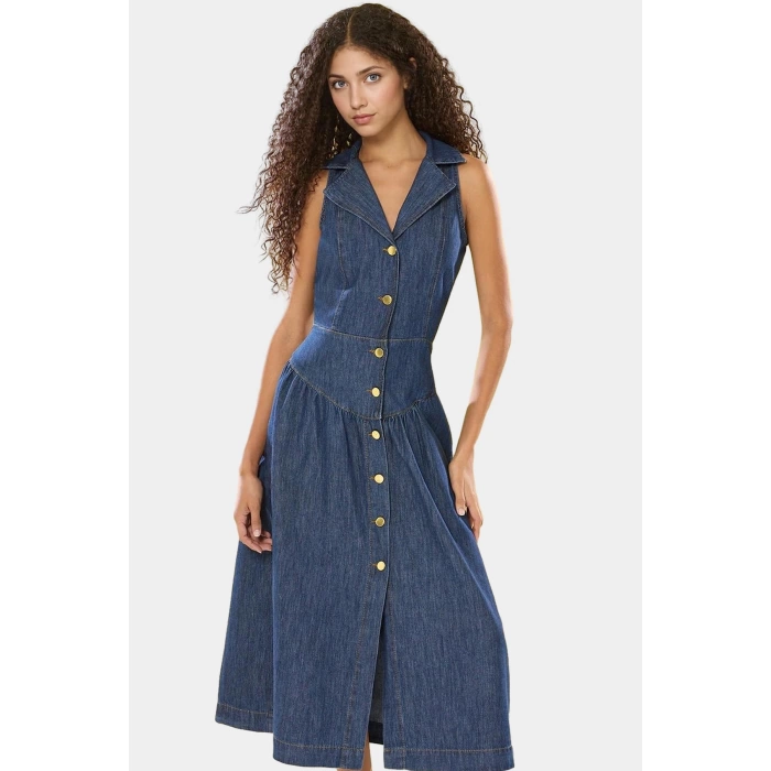 Klasik Denim Elbise Midi Boy Gömlek Yaka Pamuklu Rahat Kaliteli İşçilik Ve Şık Özenle Seçilmiş
