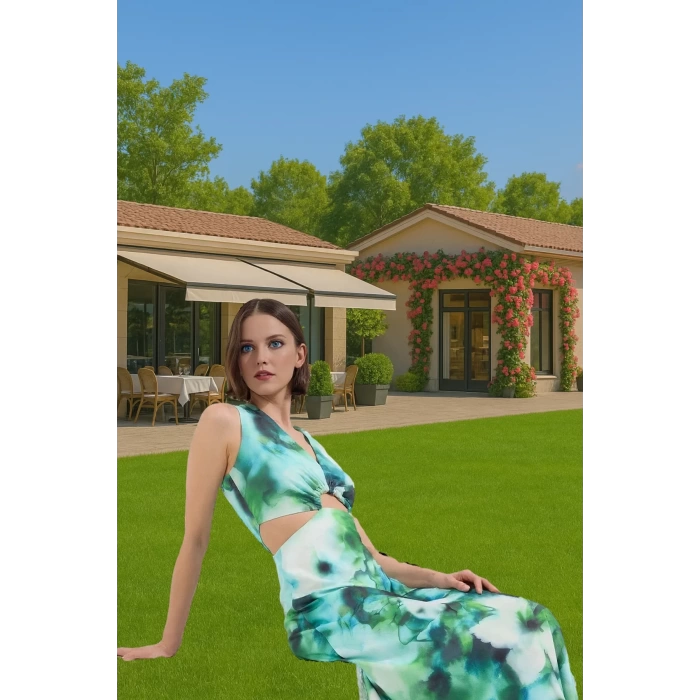 Kolsuz Batik Maxi Elbise Cut Out Detaylı Yazlık Elbise A Line Konforlu Kesim Dayanıklı Malzeme