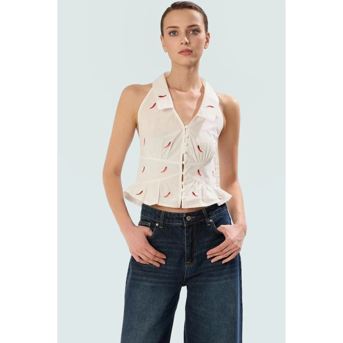 Kolsuz Bluz Fitted Terrycotton Kumaş Biber Desenli Şık Tasarım Dayanıklı Malzeme Yüksek Kalite