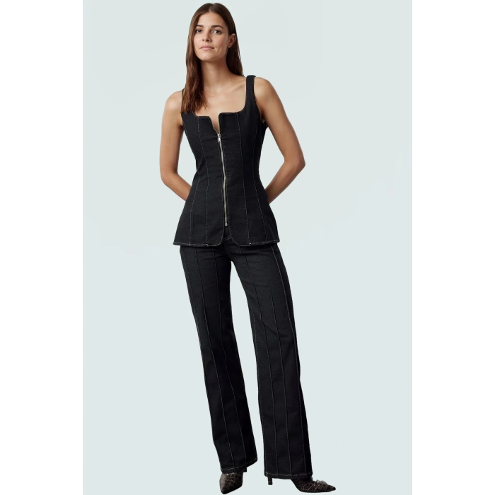 Kolsuz Denim Bluz Fermuarlı Kare Yaka Stretch Zarifane Tasarım Profesyonel Görünüm
