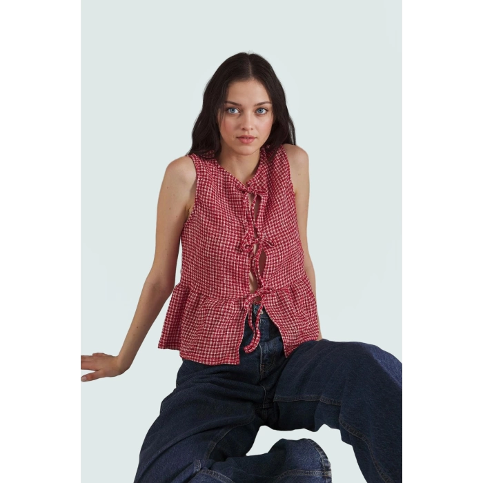 Kolsuz Ekose Bluz Polyester Elastan Jakarlı Örme Yazlık Günlük Rahat Ve Şık