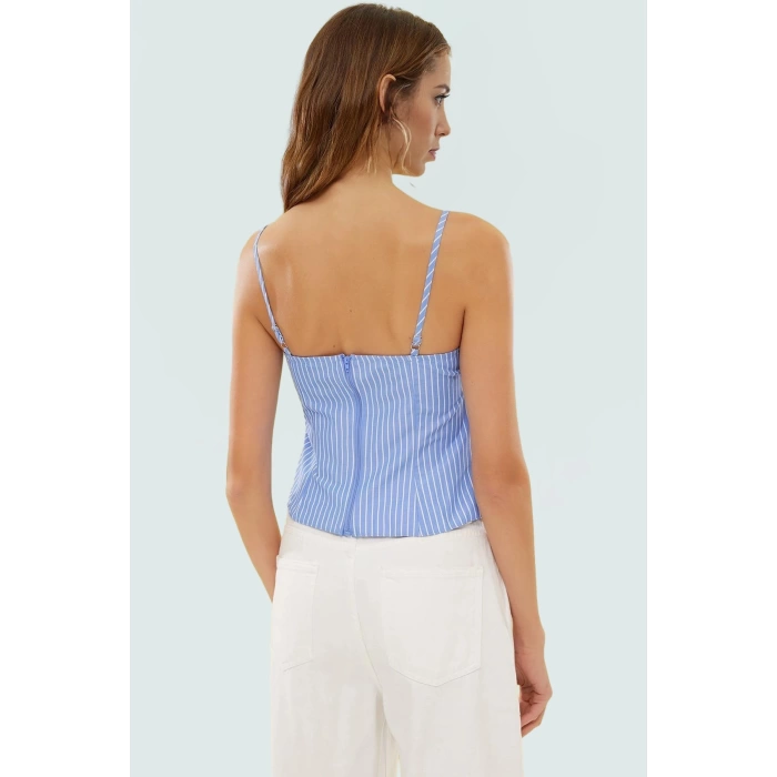 Kolsuz Kare Yaka Çizgili Terrycotton Bluz Günlük Şıklık Uzun Ömürlü Dayanıklı Malzeme