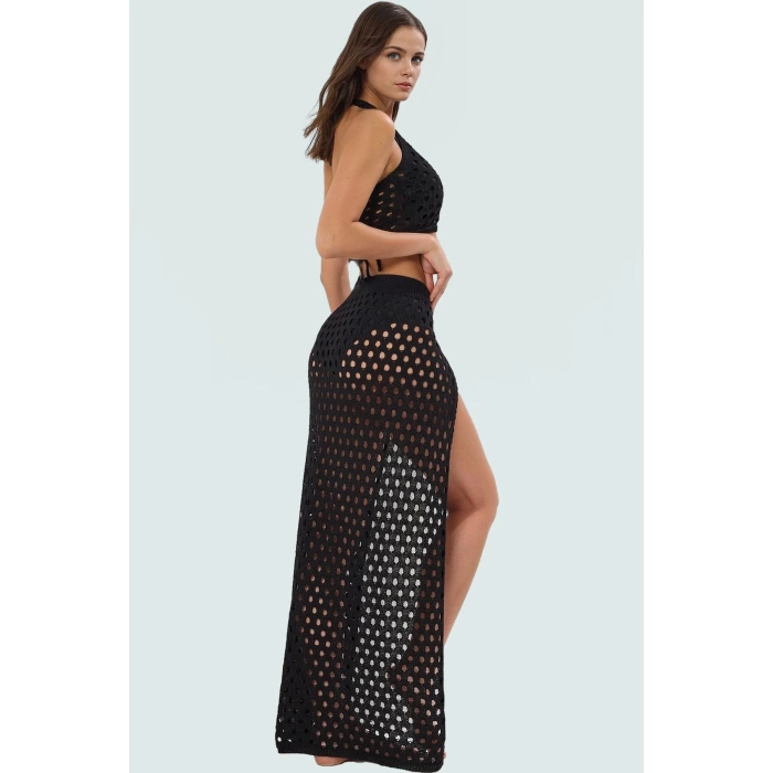 Kolsuz Kroşe Bluz Etek Takım Pamuklu Polyester Triko Yaz Plaj Modası Rahat Ve Şık