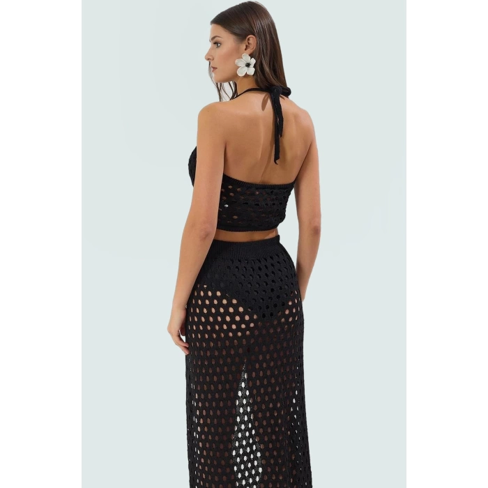 Kolsuz Kroşe Bluz Etek Takım Pamuklu Polyester Triko Yaz Plaj Modası Rahat Ve Şık