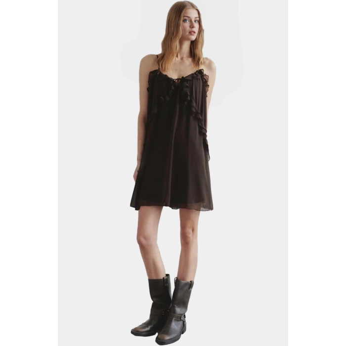 Kolsuz Mini Elbise Fırfırlı Polyester Dokuma Yazlık Düz Kesim Kaliteli İşçilik