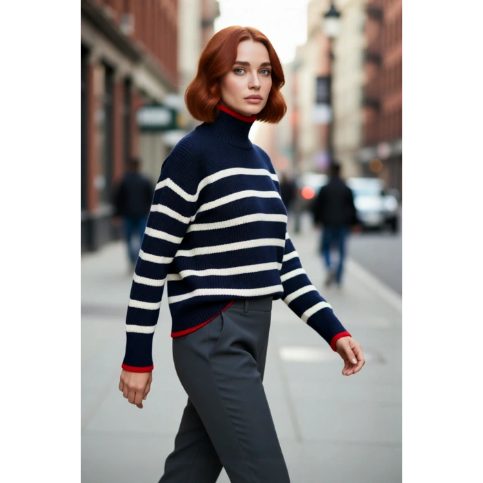 Konforlu Kadın Oversize Fit Dik Yaka Çizgili Triko Kazak Soğuk Havalar İçin İdeal Model Kaliteli