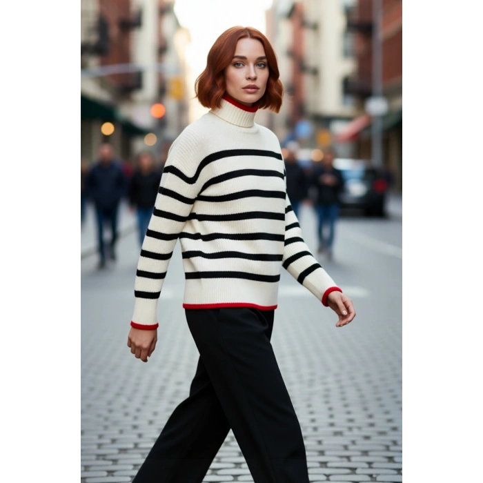 Konforlu Kadın Oversize Fit Dik Yaka Çizgili Triko Kazak Soğuk Havalar İçin İdeal Model Kaliteli