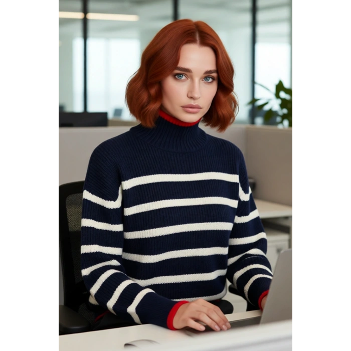 Konforlu Kadın Oversize Fit Dik Yaka Çizgili Triko Kazak Soğuk Havalar İçin İdeal Model Kaliteli