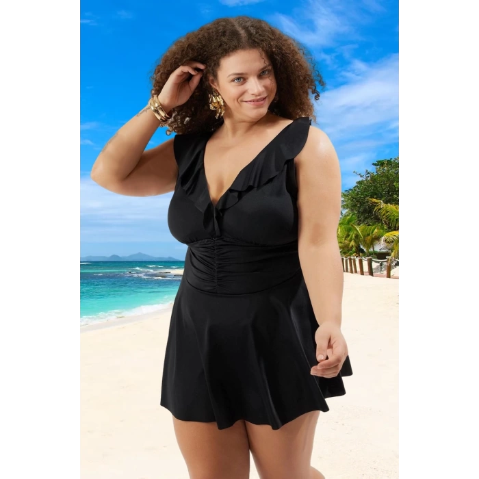 Konforlu Modern Büzgülü Büyük Beden Mayo Plus Size UV Korumalı Özgüvenli Stil