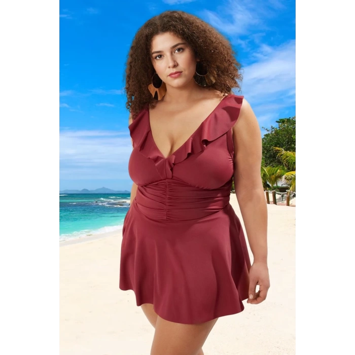 Konforlu Modern Büzgülü Büyük Beden Mayo Plus Size UV Korumalı Özgüvenli Stil