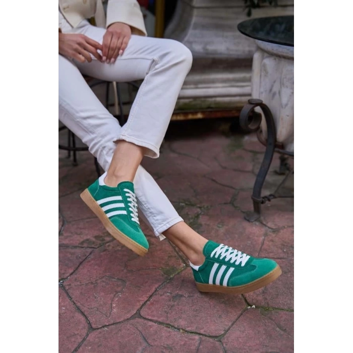 Kontrast Parçalı Spor Ayakkabı Sneaker Yeşil-Beyaz Süet