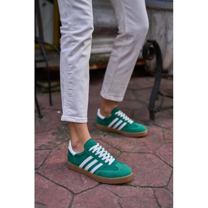 Kontrast Parçalı Spor Ayakkabı Sneaker Yeşil-Beyaz Süet