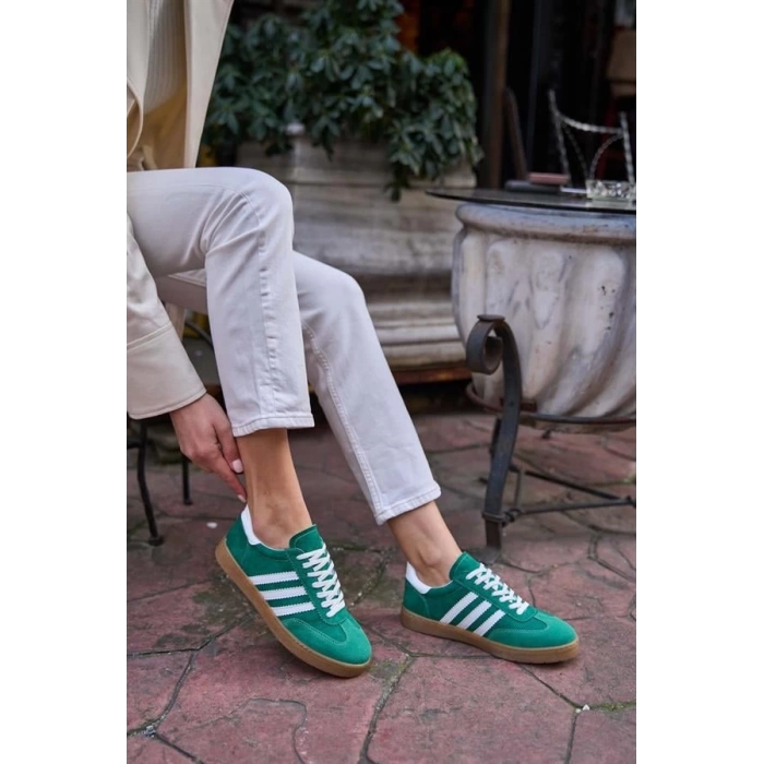 Kontrast Parçalı Spor Ayakkabı Sneaker Yeşil-Beyaz Süet