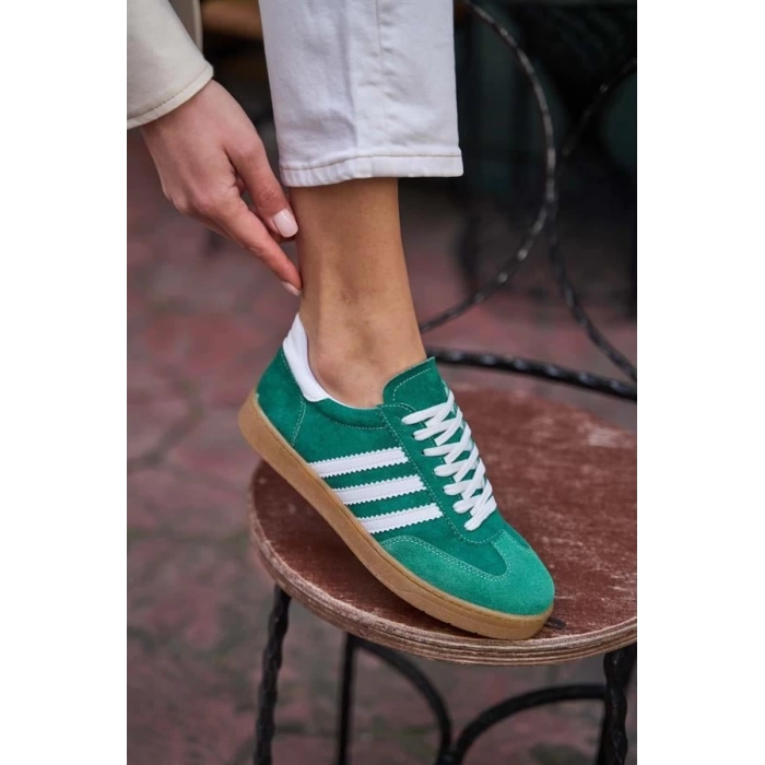 Kontrast Parçalı Spor Ayakkabı Sneaker Yeşil-Beyaz Süet