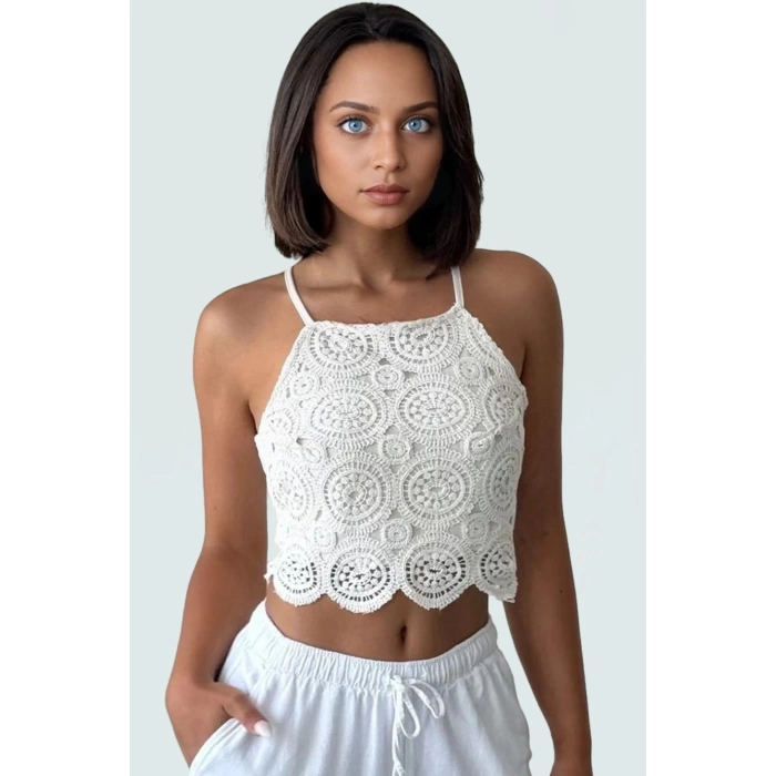 Kroşe Detaylı Pamuklu Dokuma Bluz Regular Kalıp Kolsuz Yazlık Rahat Kullanım Modern Stil