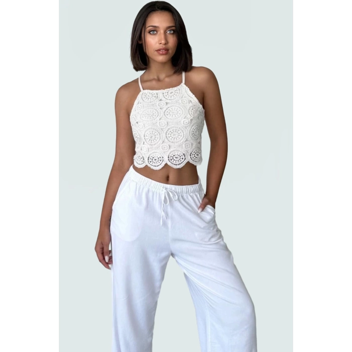 Kroşe Detaylı Pamuklu Dokuma Bluz Regular Kalıp Kolsuz Yazlık Rahat Kullanım Modern Stil