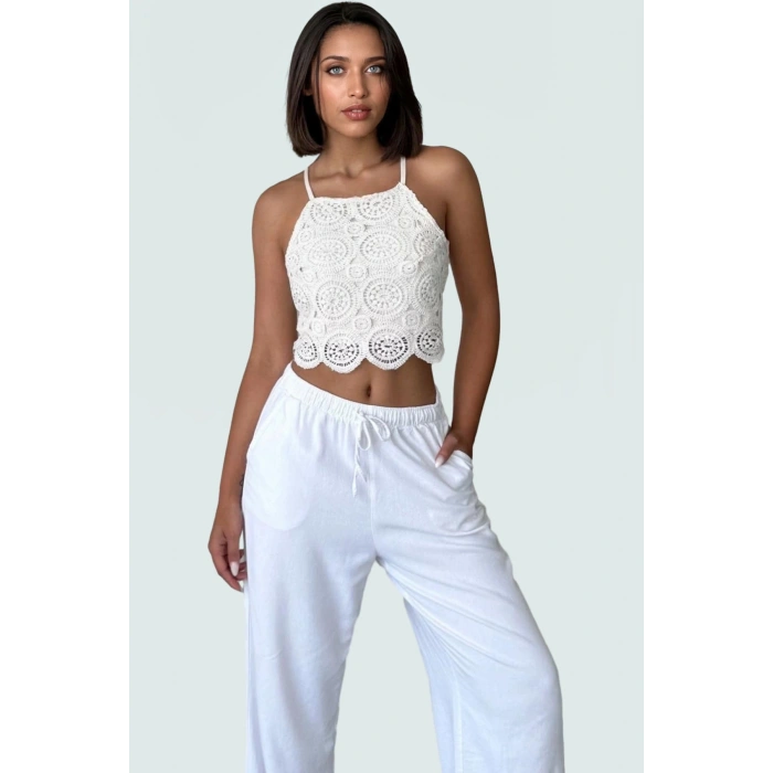 Kroşe Detaylı Pamuklu Dokuma Bluz Regular Kalıp Kolsuz Yazlık Rahat Kullanım Modern Stil