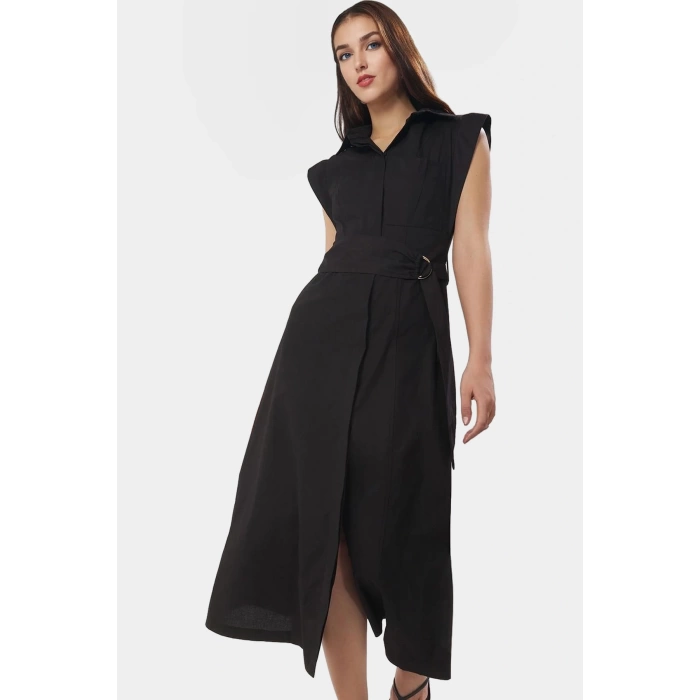 Kuşaklı Dokuma Pamuk Polyester Midi Gömlek Elbise Rahat Yazlık Premium Kalite Dayanıklı Malzeme