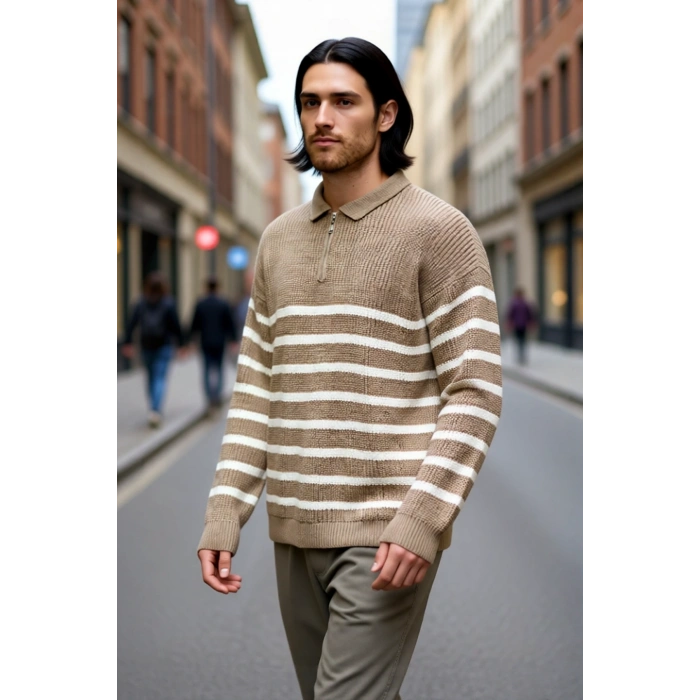 Lacivert Çizgili Erkek Oversize Polo Yaka Triko Kazak Kalın Yapılı Standart Kol Kış Şıklığı Akrilik