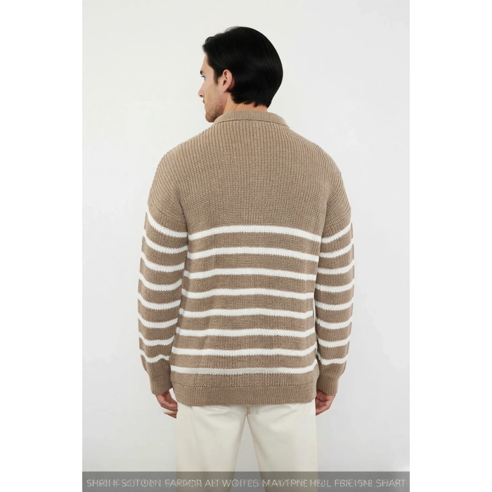 Lacivert Çizgili Erkek Oversize Polo Yaka Triko Kazak Kalın Yapılı Standart Kol Kış Şıklığı Akrilik