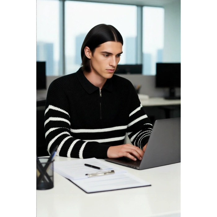 Lacivert Çizgili Erkek Oversize Polo Yaka Triko Kazak Kalın Yapılı Standart Kol Kış Şıklığı Akrilik