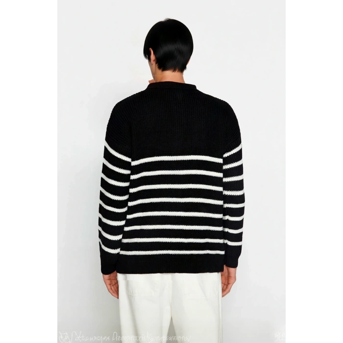 Lacivert Çizgili Erkek Oversize Polo Yaka Triko Kazak Kalın Yapılı Standart Kol Kış Şıklığı Akrilik