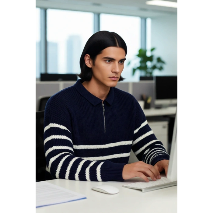 Lacivert Çizgili Erkek Oversize Polo Yaka Triko Kazak Kalın Yapılı Standart Kol Kış Şıklığı Akrilik