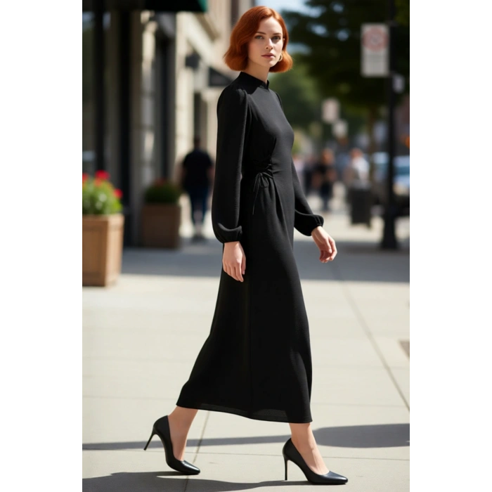 Lacivert Kadın Hakim Yaka Brit Detaylı Maxi Boy Aerobin Dokuma Düz Şık Rahat Elbise Kaliteli