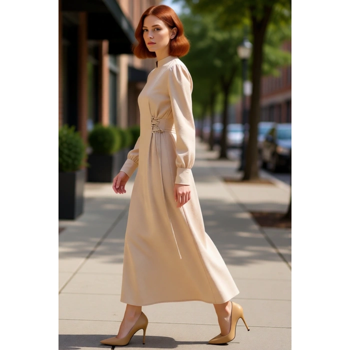 Lacivert Kadın Hakim Yaka Brit Detaylı Maxi Boy Aerobin Dokuma Düz Şık Rahat Elbise Kaliteli