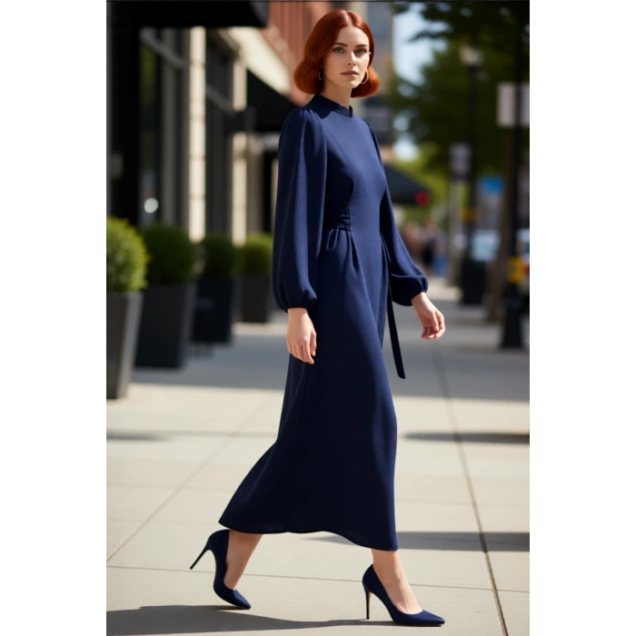 Lacivert Kadın Hakim Yaka Brit Detaylı Maxi Boy Aerobin Dokuma Düz Şık Rahat Elbise Kaliteli