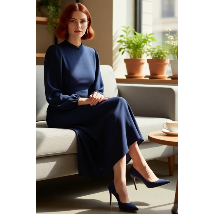 Lacivert Kadın Hakim Yaka Brit Detaylı Maxi Boy Aerobin Dokuma Düz Şık Rahat Elbise Kaliteli