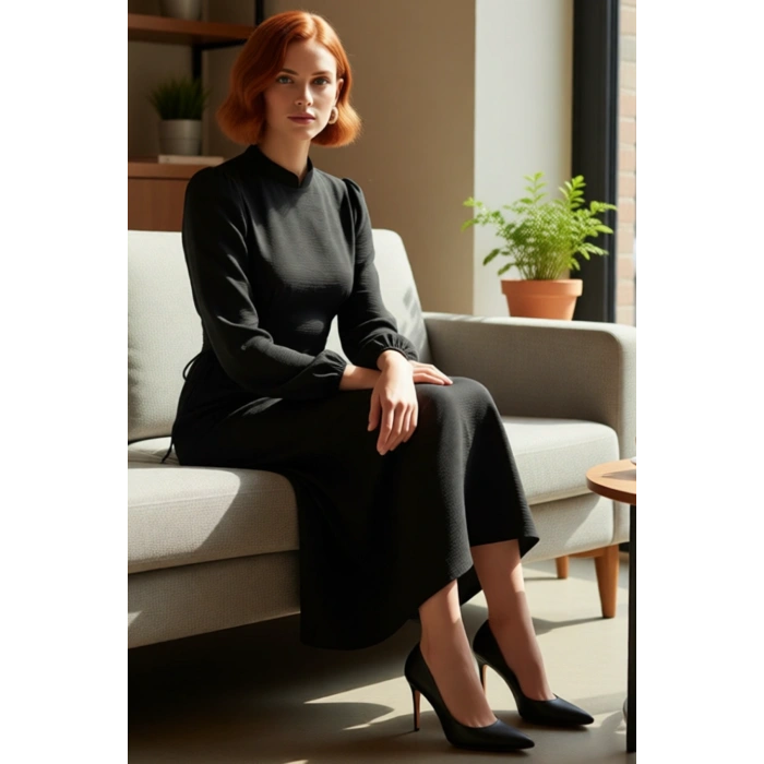 Lacivert Kadın Hakim Yaka Brit Detaylı Maxi Boy Aerobin Dokuma Düz Şık Rahat Elbise Kaliteli