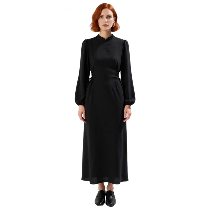 Lacivert Kadın Hakim Yaka Brit Detaylı Maxi Boy Aerobin Dokuma Düz Şık Rahat Elbise Kaliteli