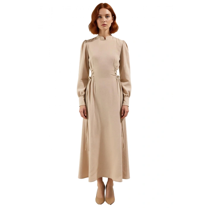 Lacivert Kadın Hakim Yaka Brit Detaylı Maxi Boy Aerobin Dokuma Düz Şık Rahat Elbise Kaliteli