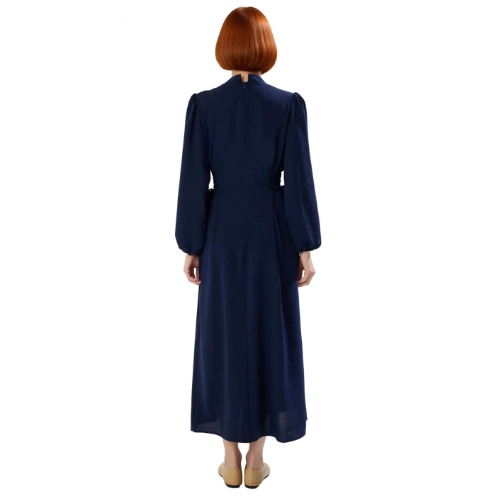 Lacivert Kadın Hakim Yaka Brit Detaylı Maxi Boy Aerobin Dokuma Düz Şık Rahat Elbise Kaliteli