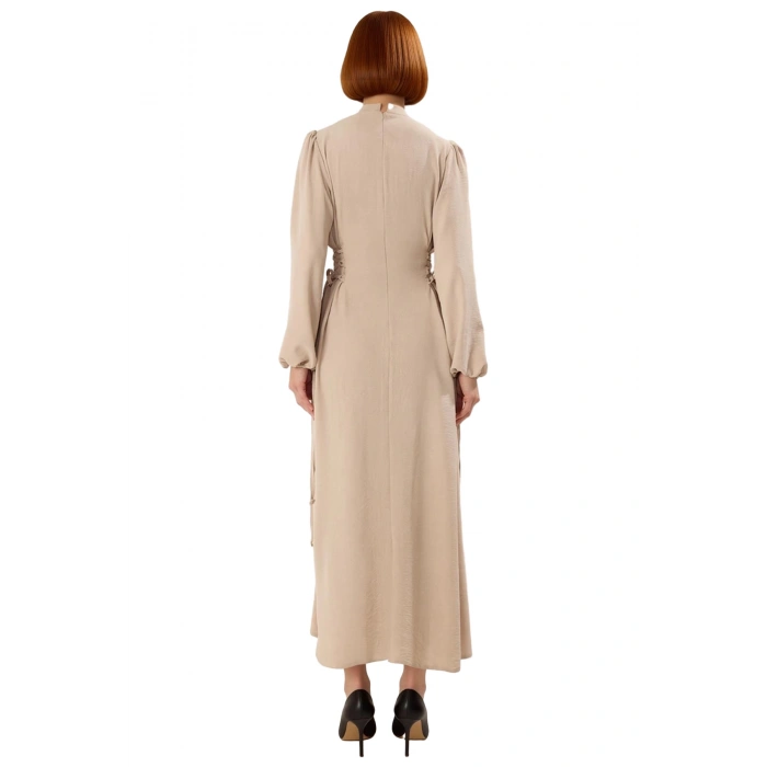 Lacivert Kadın Hakim Yaka Brit Detaylı Maxi Boy Aerobin Dokuma Düz Şık Rahat Elbise Kaliteli