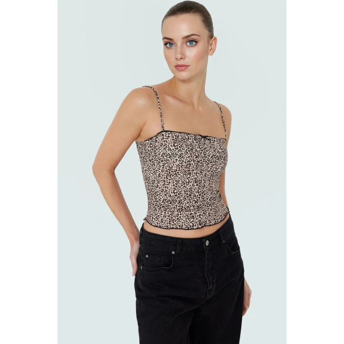 Leopar Baskılı Crop Bluz İnce Askılı Örme Basic Yazlık Şık Görünüm Özel Tasarım Kaliteli İşçilik