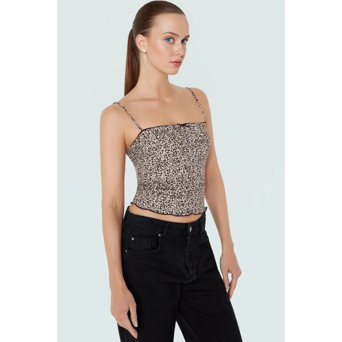 Leopar Baskılı Crop Bluz İnce Askılı Örme Basic Yazlık Şık Görünüm Özel Tasarım Kaliteli İşçilik
