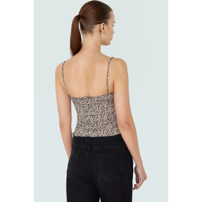 Leopar Baskılı Crop Bluz İnce Askılı Örme Basic Yazlık Şık Görünüm Özel Tasarım Kaliteli İşçilik