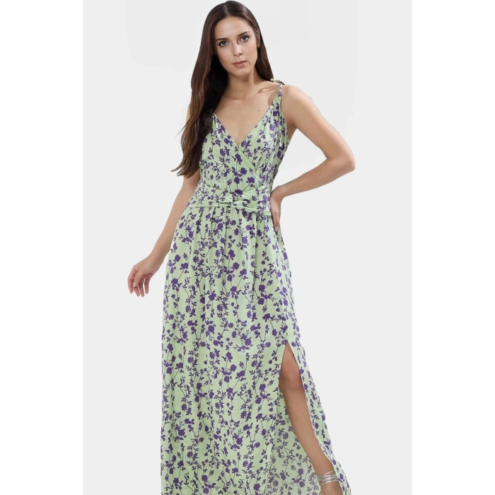 Leopar Desenli Kolsuz Viskoz Maxi Elbise A Line Kesim Yırtmaç Detay Zarifane Tasarım Modern Stil