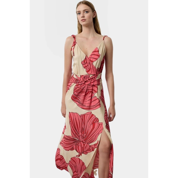 Leopar Desenli Kolsuz Viskoz Maxi Elbise A Line Kesim Yırtmaç Detay Zarifane Tasarım Modern Stil