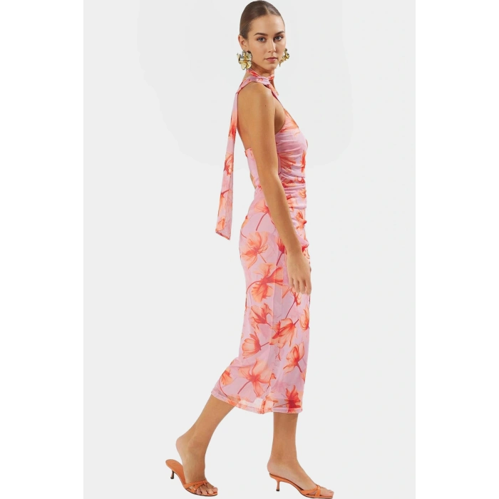Leopar Desenli Midi Boy Tül Elbise Bodycon Kalıp Yazlık Astarlı Profesyonel Görünüm Modern Stil