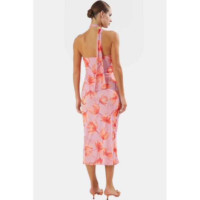 Leopar Desenli Midi Boy Tül Elbise Bodycon Kalıp Yazlık Astarlı Profesyonel Görünüm Modern Stil