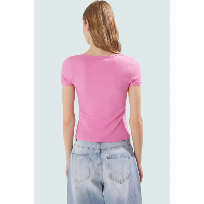 Likralı Penye Bluz Kalp Yaka Fitted Yazlık Yüksek Kalite Dayanıklı Malzeme