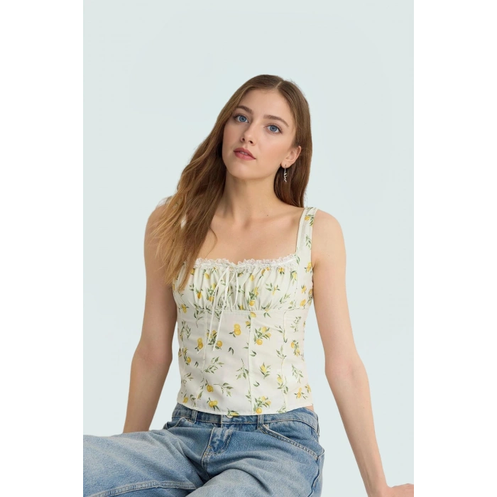 Limon Desenli Kolsuz Crop Bluz Rahatlık ve Şıklık Bir Arada Dayanıklı Malzeme Premium Kalite