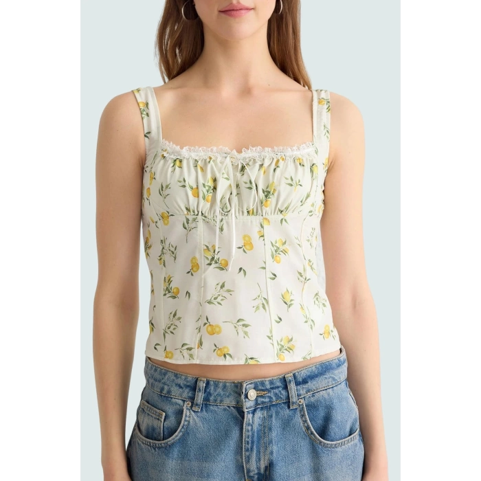 Limon Desenli Kolsuz Crop Bluz Rahatlık ve Şıklık Bir Arada Dayanıklı Malzeme Premium Kalite