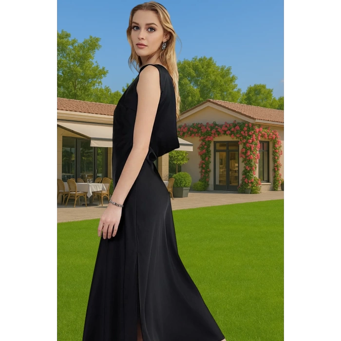 Maxi A Line Bisiklet Yaka Saten Abiye Elbise Polyester Karışımlı Dayanıklı Malzeme Dayanıklı Malzeme